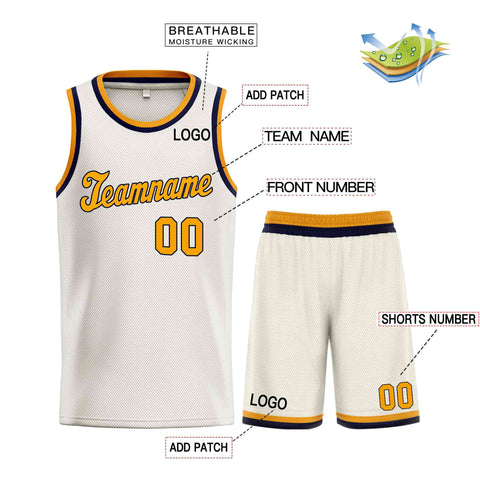 Custom Cream Yellow-Navy Classic Sets Sports Uniform Basketball Jersey