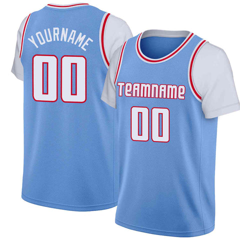 Custom Light Blue White-Red Classic Tops Casual Fake Sleeve Basketball Jersey