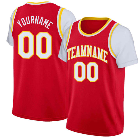 Custom Red White-Yellow Classic Tops Casual Fake Sleeve Basketball Jersey