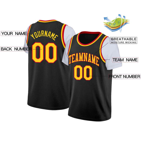 Custom Black Yellow-Red Classic Tops Casual Fake Sleeve Basketball Jersey