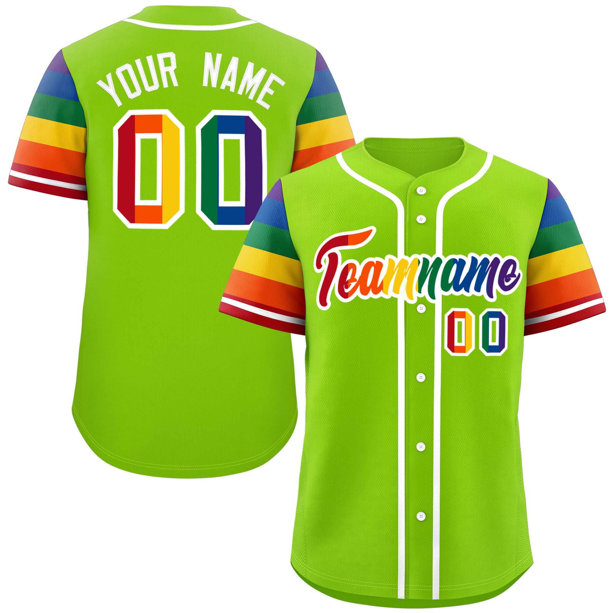 Custom Neon Green LGBT Rainbow For Pride Month Raglan Sleeve Authentic Baseball Jersey
