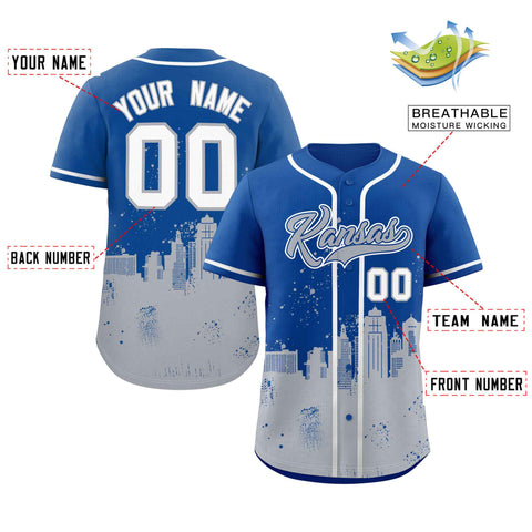 Custom Royal Gray Personalized Kansas City Nightscape Authentic Baseball Jersey