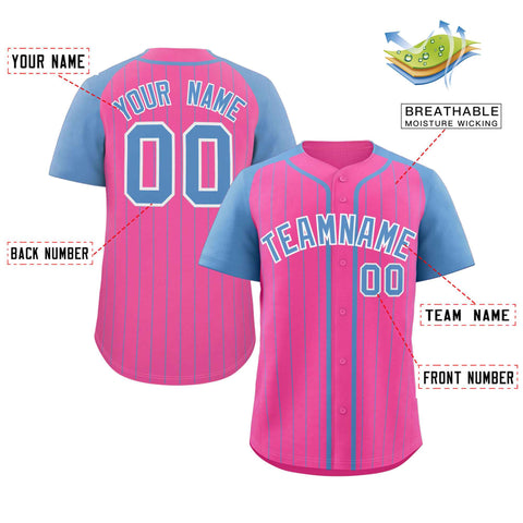 Custom Pink Light Blue-White Stripe Fashion Raglan Sleeves Authentic Baseball Jersey