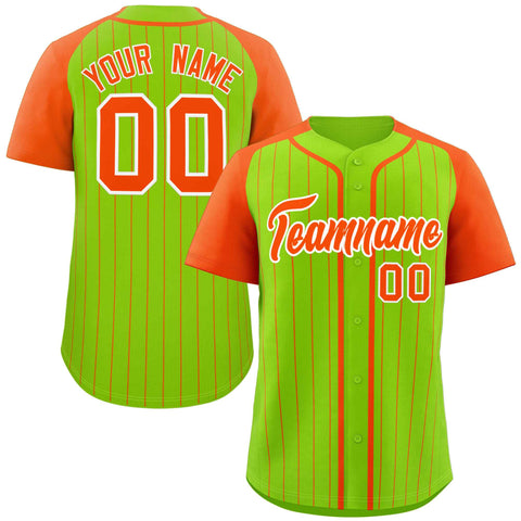 Custom Neon Green Orange-White Stripe Fashion Raglan Sleeves Authentic Baseball Jersey