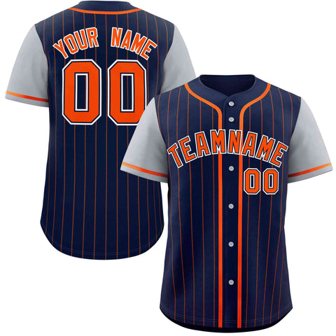 Custom Navy Gray-Orange Stripe Fashion Raglan Sleeves Authentic Baseball Jersey
