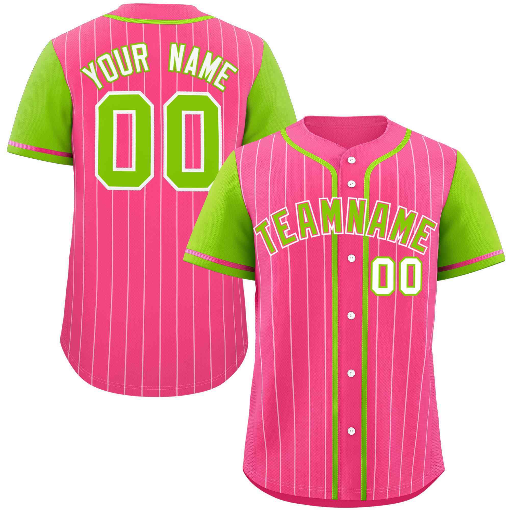 Custom Pink Neon Green-White Stripe Fashion Raglan Sleeves Authentic Baseball Jersey