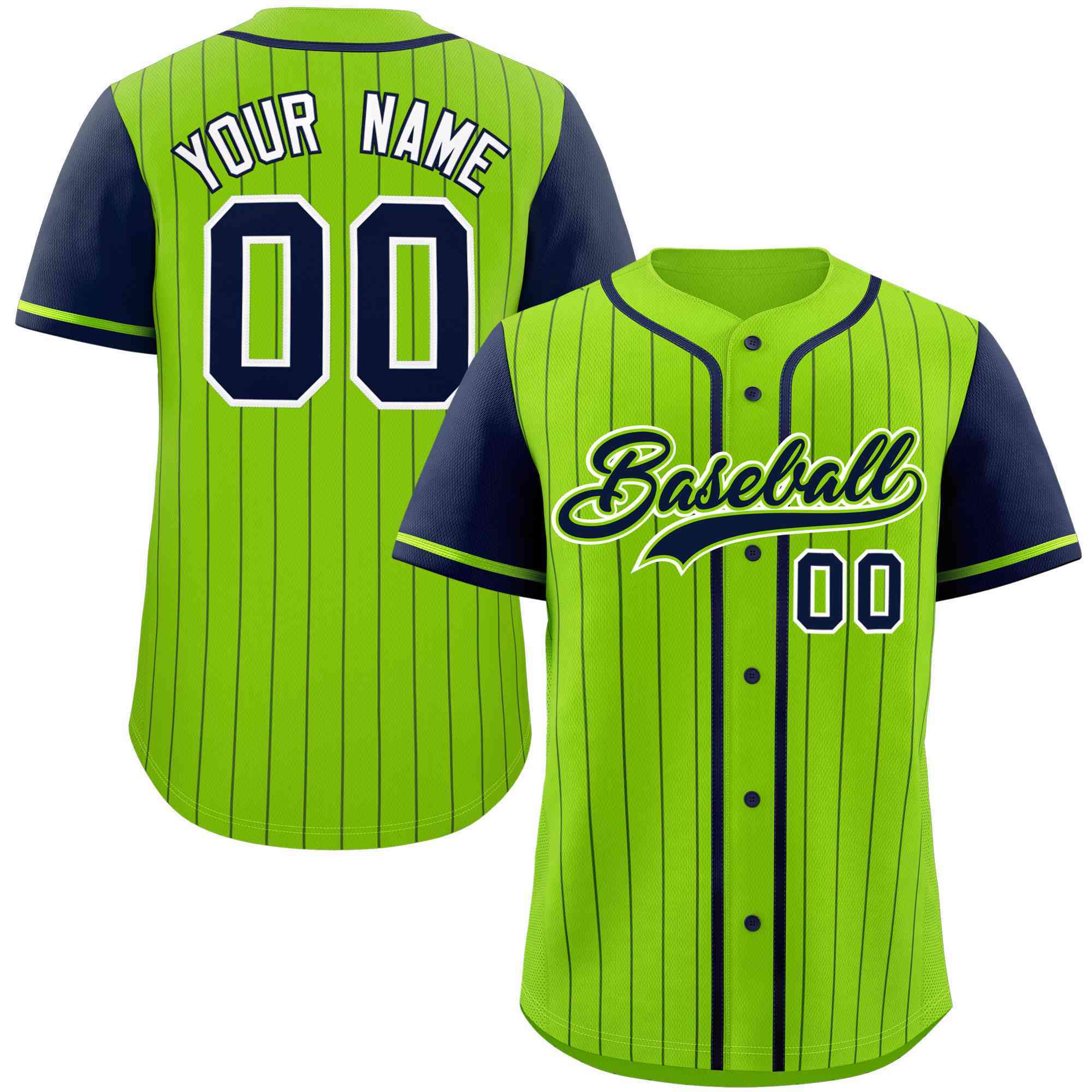 Custom Neon Green Navy Stripe Fashion Raglan Sleeves Authentic Baseball Jersey