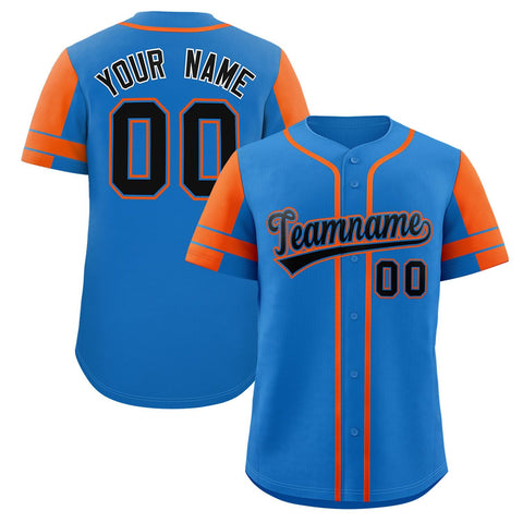 Custom Powder Blue Orange Personalized Raglan Sleeves Authentic Baseball Jersey
