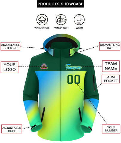 Custom Green Powder Blue-Neon Green Gradient Fashion Personalized Outdoor Hooded Waterproof Jacket