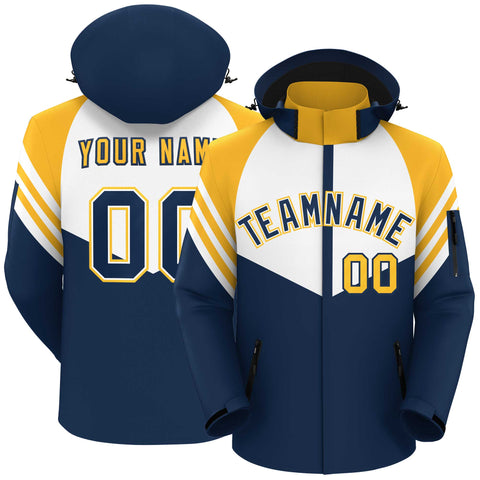 Custom White Navy-Gold Color Block Personalized Outdoor Hooded Waterproof Jacket