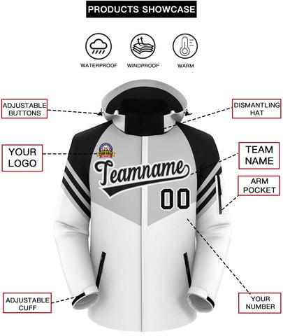 Custom Gray White-Black Color Block Personalized Outdoor Hooded Waterproof Jacket