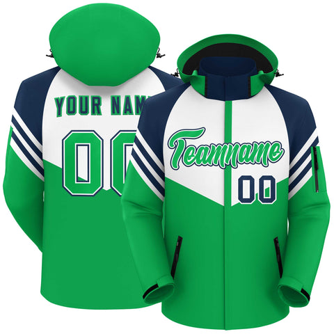 Custom White Kelly Green-Navy Color Block Personalized Outdoor Hooded Waterproof Jacket