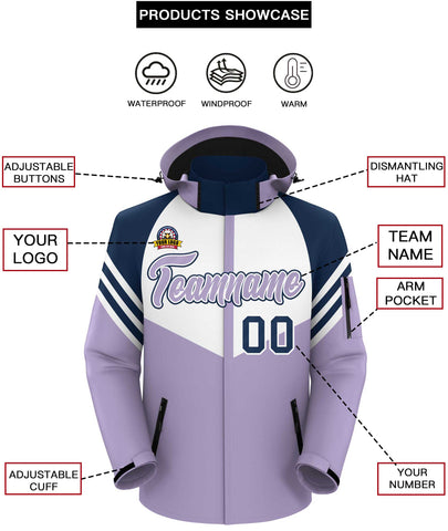 Custom White Light Purple-Navy Color Block Personalized Outdoor Hooded Waterproof Jacket