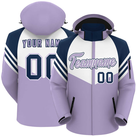 Custom White Light Purple-Navy Color Block Personalized Outdoor Hooded Waterproof Jacket
