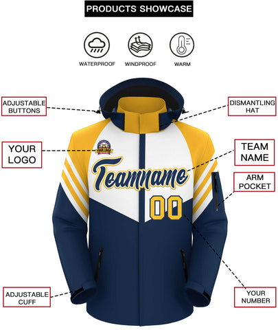 Custom White Navy-Gold Color Block Personalized Outdoor Hooded Waterproof Jacket