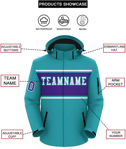 Custom Aqua White-Purple Color Block Personalized Outdoor Hooded Waterproof Jacket