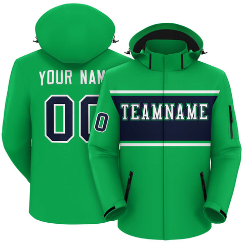 Custom Kelly Green White-Navy Color Block Personalized Outdoor Hooded Waterproof Jacket
