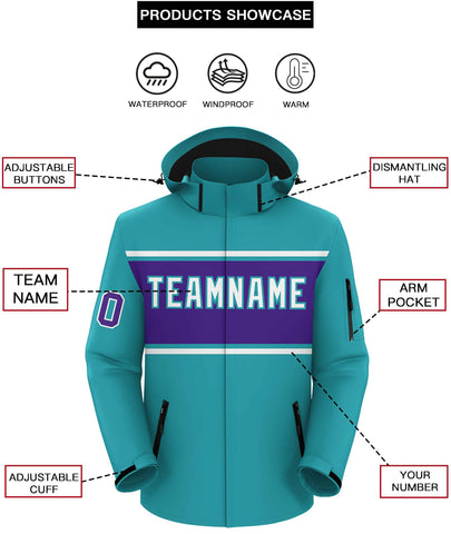 Custom Aqua White-Purple Color Block Personalized Outdoor Hooded Waterproof Jacket