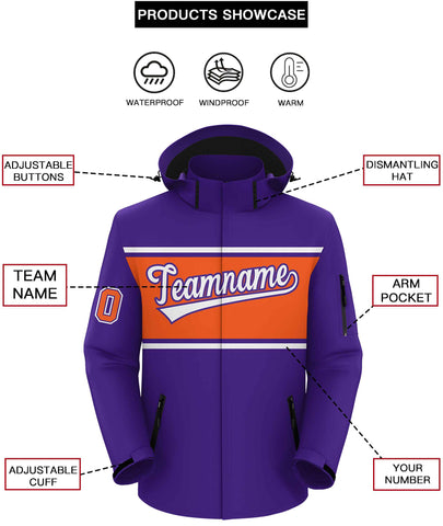 Custom Purple White-Orange Color Block Personalized Outdoor Hooded Waterproof Jacket
