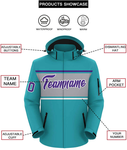 Custom Aqua Purple-Gray Color Block Personalized Outdoor Hooded Waterproof Jacket
