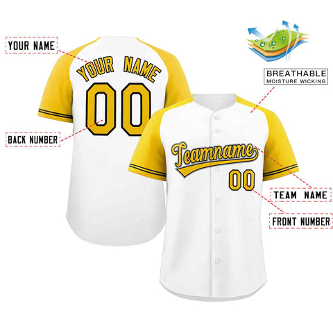 Custom White Yellow-Black Raglan Sleeves Authentic Baseball Jersey