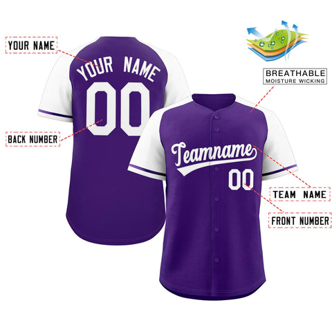 Custom Purple White Raglan Sleeves Authentic Baseball Jersey