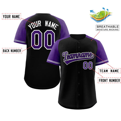 Custom Black Purple-White Raglan Sleeves Authentic Baseball Jersey