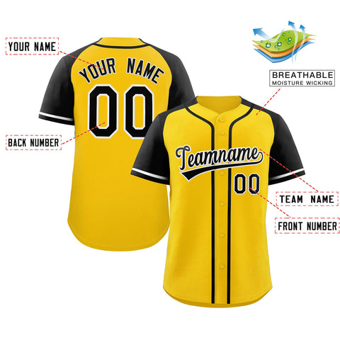 Custom Yellow Black-White Raglan Sleeves Authentic Baseball Jerseys