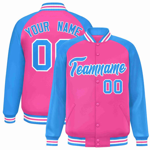 Custom Pink Powder Blue-White Raglan Sleeves Varsity Full-Snap Letterman Jacket