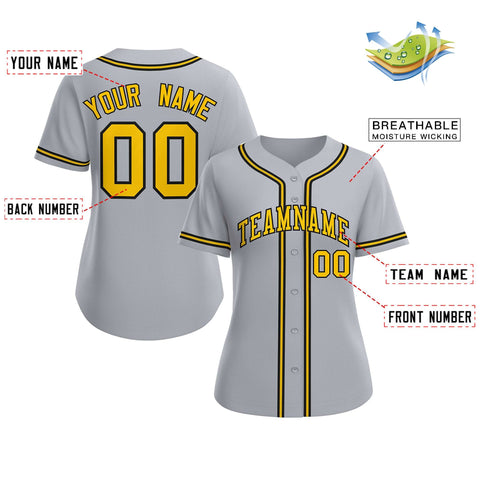 Custom Gray Gold-Black Classic Style Baseball Jersey For Women