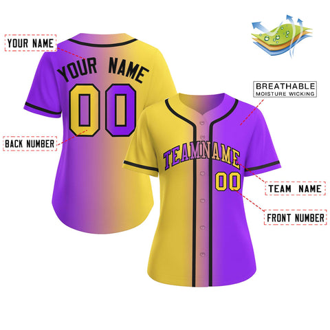 Custom Gold Purple-Black Gradient Fashion Baseball Jersey For Women