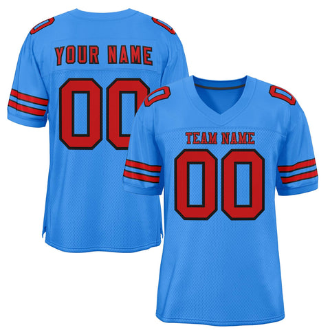 Custom Powder Blue Red-Black Classic Style Mesh Authentic Football Jersey