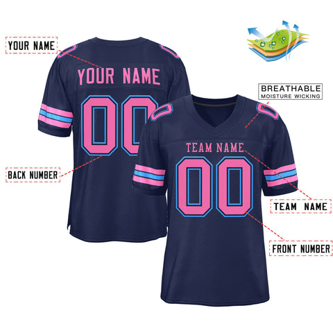 Custom Navy Blue Pink-Powder Blue Classic Style Mesh Authentic Football Jersey
