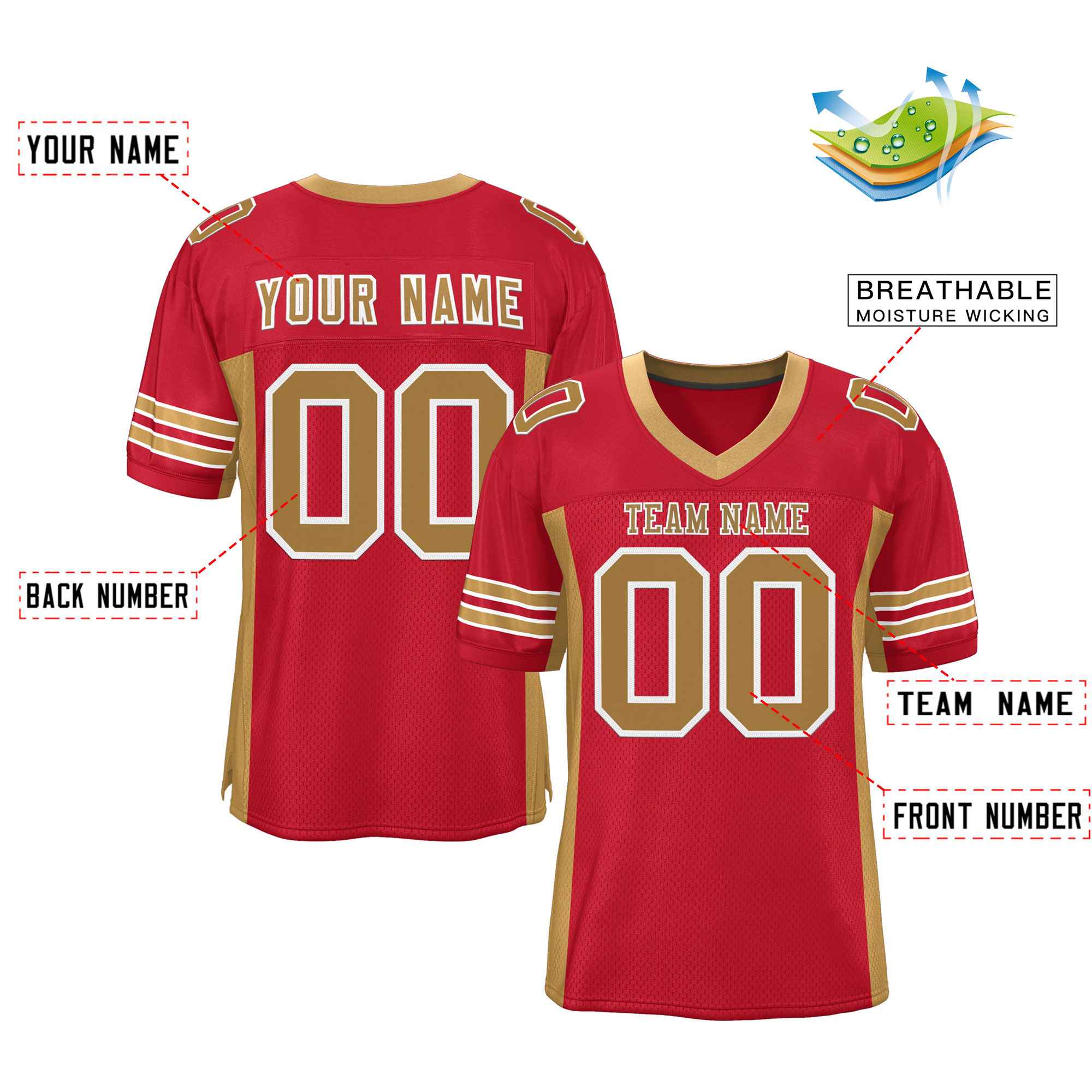 Custom Red Old Gold Insert Color Design Mesh Authentic Football Jersey