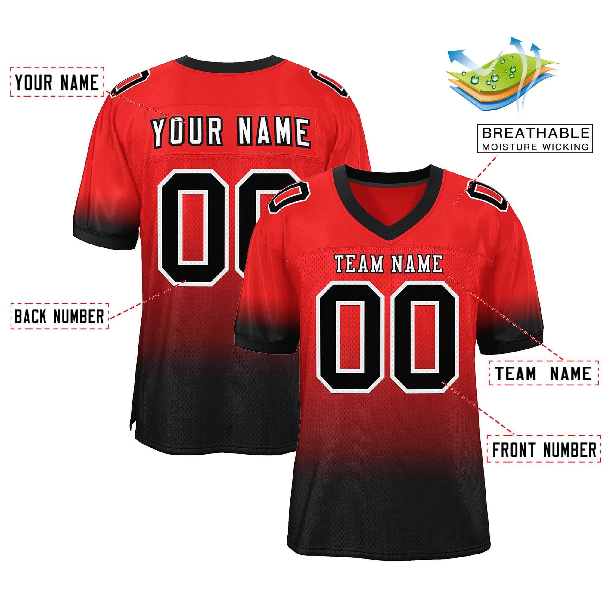 Custom Red Black-White Gradient Fashion Personalized Team Football Jersey