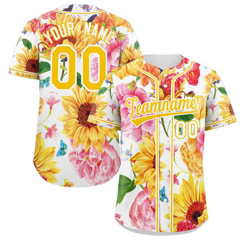 Custom Yellow Gold-White Graffiti Pattern Authentic Flower Baseball Jersey