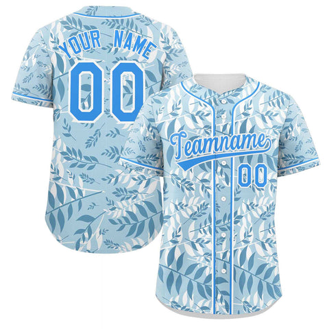 Custom Light Blue Powder Blue-White Graffiti Pattern Authentic Palm Leaf Baseball Jersey