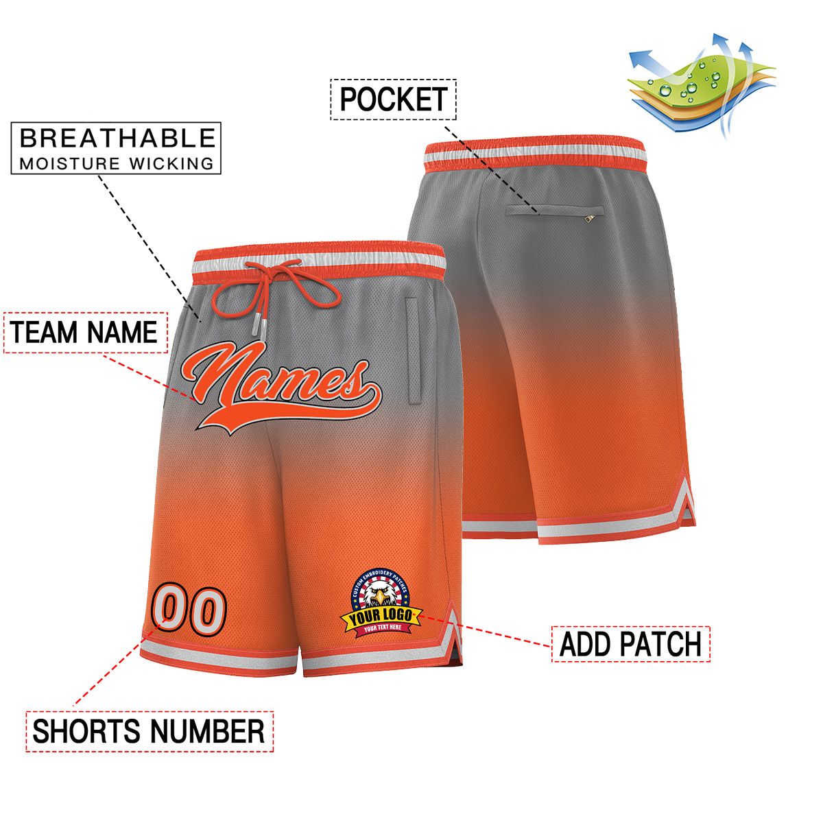 Custom Gray Orange Personalized Gradient Fashion Basketball Shorts
