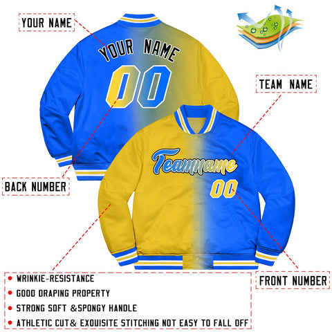 Custom Powder Blue Gold-Black Two Tone Gradient Fashion Letterman Bomber Varsity Jacket