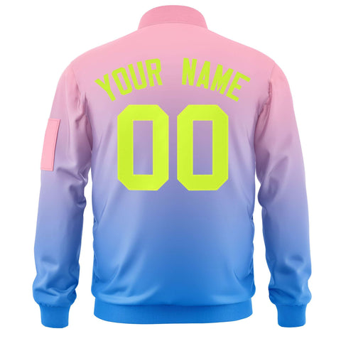 Custom Pink Powder Blue-Neon Green Varsity Full-Zip Gradient Fashion Letterman Bomber Jacket