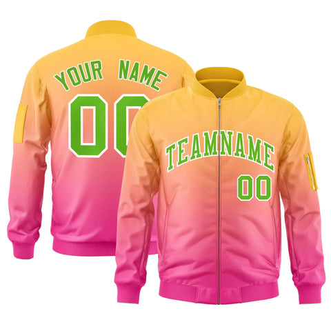 Custom Gold Pink-Green Varsity Full-Zip Gradient Fashion Letterman Bomber Jacket