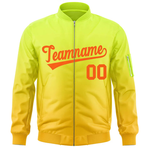 Custom Neon Green Gold-Orange Varsity Full-Zip Gradient Fashion Letterman Bomber Jacket