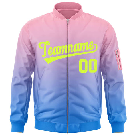 Custom Pink Powder Blue-Neon Green Varsity Full-Zip Gradient Fashion Letterman Bomber Jacket