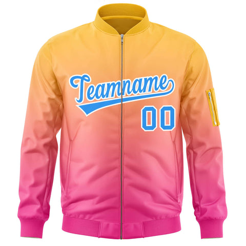 Custom Gold Pink-Powder Blue Varsity Full-Zip Gradient Fashion Letterman Bomber Jacket