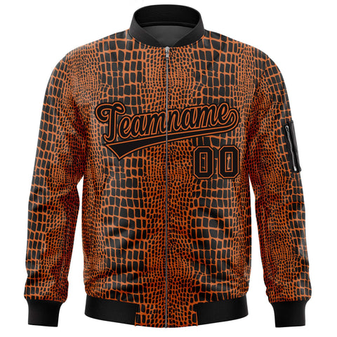 Custom Black Orange Varsity Full-Zip Crocodile Graffiti Pattern Letterman Bomber Jacket