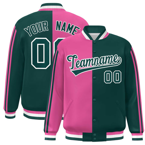 Custom Midnight Green Pink-White Two Tone Color Block Bomber Varsity Baseball Jacket