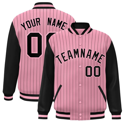 Custom Pink Black Stripe Fashion Bomber Varsity Jacket with Raglan Sleeves
