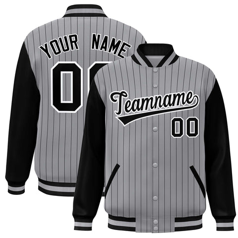 Custom Gray Black-White Stripe Fashion Bomber Varsity Jacket with Raglan Sleeves
