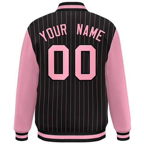 Custom Black Pink Stripe Fashion Bomber Varsity Jacket with Raglan Sleeves