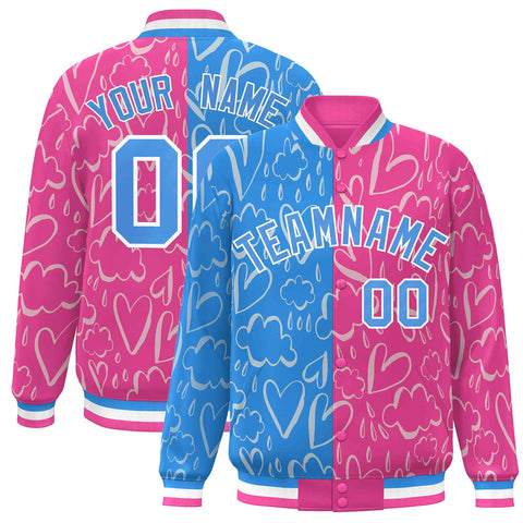 Custom Pink Powder Blue Split Fashion Letterman Bomber Graffiti Pattern Baseball Jacket